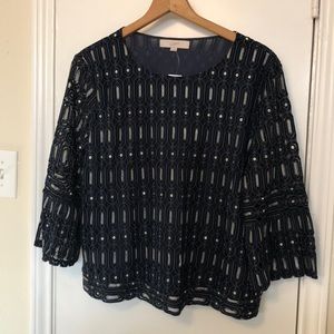 Loft Blue/Silver Lace Trumpet Sleeve Blouse NWT